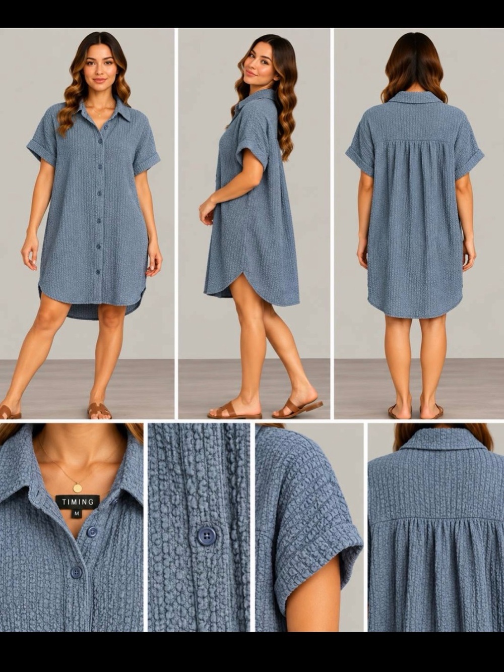 Timing Textured Button-Front Shirt Dress in Dusty Blue woman size M